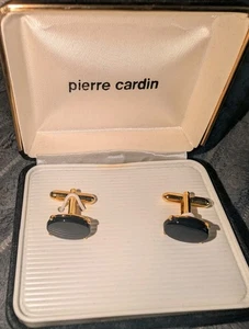 Vintage Pierre Cardin Cufflinks Genuine Black Onyx Cabochon Gold Toned Orig Box - Picture 1 of 3