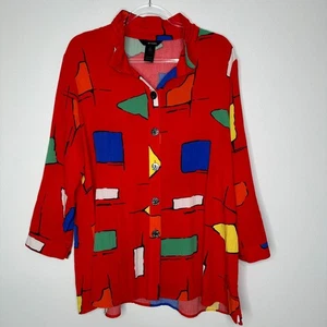 Ali Miles Button Front Tunic Top Womens Size XL Red Wired Collar Art to Wear - Picture 1 of 13