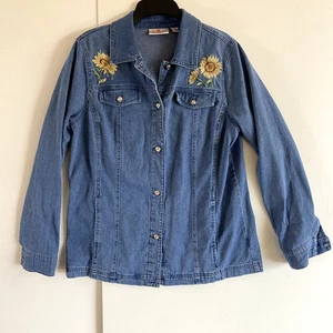 Quacker Factory Size M Embroidered Denim Jacket Shirt Sunflowers Rhinestones - Picture 1 of 9