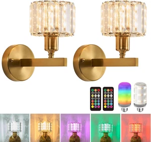 Crystal Battery Operated Wall Sconces Set of Two, Gold Wireless Wall Light with - Picture 1 of 9
