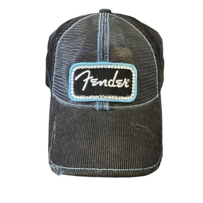 Fender Distressed Trucker SnapBack Hat, Corduroy Black Embroidered Rhinestones - Image 1 of 4