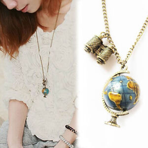 Collier globe vintage inhabituel planète terre carte du monde art pendentif chaîne à boule 