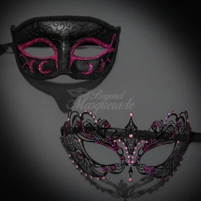 Couple's Masquerade Masks | Extravagant His Her's Masquerade Masks Black/Pink - Image 1 of 4