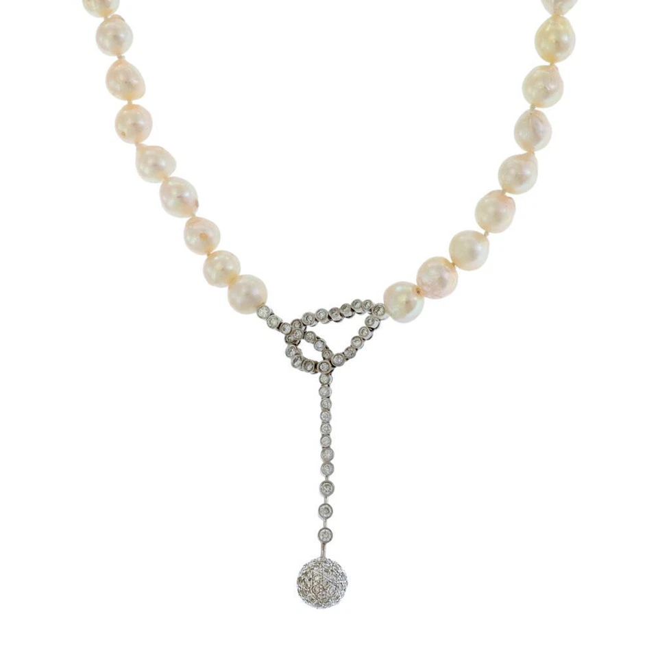 Collar colgante vintage de perlas barrocas de diamantes de 1,70 quilates con nudo de bola de oro de 18 quilates Foto 1 de 4