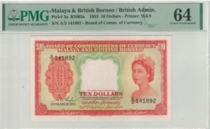 10 Dollar $10 Malaya 1953 QE A/3 141802 PMG64 UNC - Picture 1 of 2