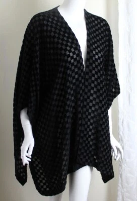 NEW Eskandar O/S Heavy Velvet on Crinkled Silk Chiffon 32"L CHECK Vest Jacket - Image 1 of 4