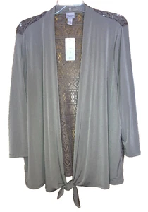 Chicos 3 Easywear Green Tie Front Lace Back Open Cardigan Sz US 14 / XL New - Picture 1 of 13