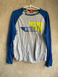 PUMA T-Shirts Top Size M Womens Grey Blue Logo Long Sleeve - Picture 1 of 11