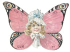 1800s Kis Me Gum Co. Butterfly Girl Die Cut Mechanical Trade Card READ READ