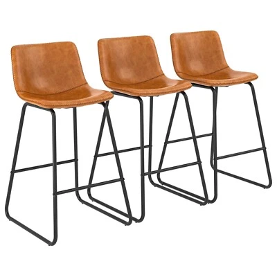 26" Bar Stools Set of 3 Counter Height With Back PU Leather Dining Chairs Brown - Image 1 of 4