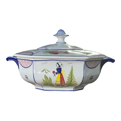 HB Quimper Mistral Blue Center Lady Covered Vegetable Octagonal France 1968-1984 - Image 1 of 4