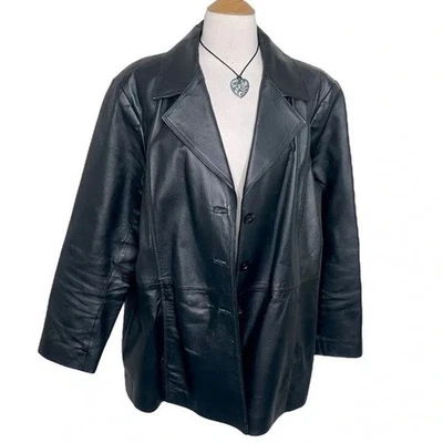 Worthington 1X black genuine leather button down jacket Coat Mobwife Y2K Retro - Image 1 of 4
