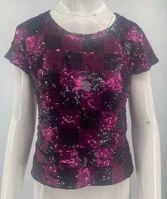 Top manga corta Alice + Olivia rosa/negro a cuadros lentejuelas talla M Foto 1 de 4