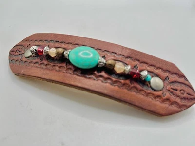 Pinza para el pelo vintage de piedra turquesa del suroeste, plata y cuero genuino con cuentas Foto 1 de 4