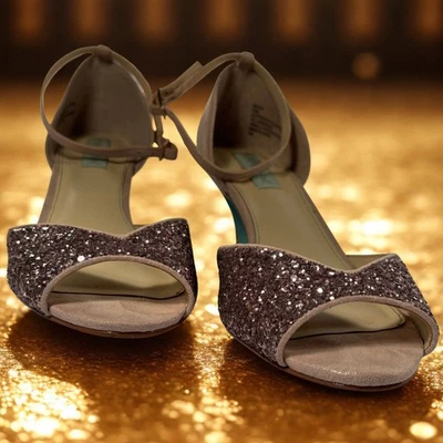 Betsey Johnson "Rita" Heels 8.5 Blush Pink Glitter Ankle Strap Open Toe Shoes - Image 1 of 4