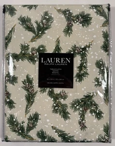 LAUREN RALPH LAUREN OBLONG TABLECLOTH, 60 x 104, 100% Cotton, Snowy, Pine Cones - Picture 1 of 7