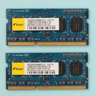 4GB (2x 2GB) DDR3 PC3-10600 1333Mhz Elixir 204 Pin SoDimm RAM Memory Laptop - Image 1 of 2