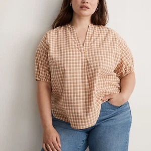 Camisa Madewell Algodón Arrugado Manga Burbuja Popover Cuadros Fauna Fluida Mujeres XL - Imagen 1 de 15