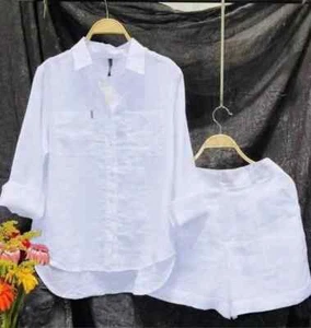 Fashion White Long Sleeve Shirt And Shorts Two Piece Sets Women 2025 Summer - Picture 1 of 15