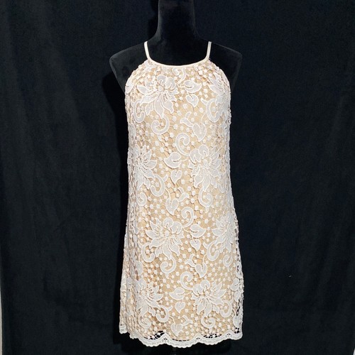 OFF WHITE Abito donna giada M party shift off bianco pizzo sovrapposto buco della serratura schiena elasticizzato