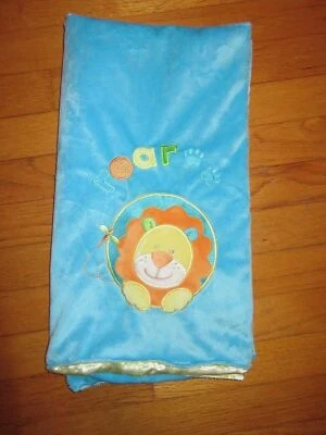 Blankets & Beyond Lion "ROAR" Plush Blue/Yellow Satin Baby Blanket - Image 1 of 4