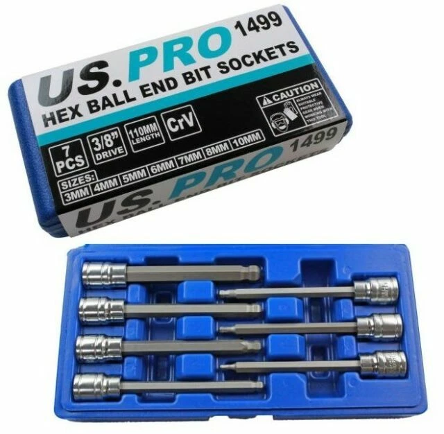 US PRO USP1499 3/8cm Long Hex Ball End Bit Sockets - 7 Piece