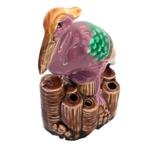 Estatuilla de pájaro pelícano colorido rana flor cerámica japonesa MCM Japón de colección - Imagen 1 de 8