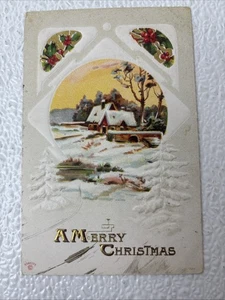 Postkarte mit geteilter Rückseite um 1910 Ein frohes Weihnachtshaus im Schnee Prägekarte - Bild 1 von 2