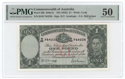Australia 1 Pound 1942 PMG 50 P#26b R30a-b Commonwealth of Australia - Image 1 of 2