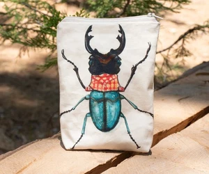 Insekten Canvas Baumwolltasche, Stoff Kosmetiktasche, Zip Beutel, Hirschkäfer Druck - Bild 1 von 3