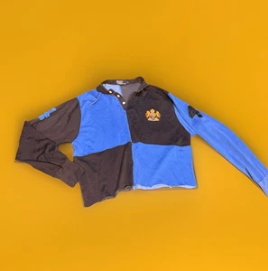 VTG Polo Ralph Lauren Rugby Shirt CROPPED Colorblock Black Blue Patchwork #4 L - Picture 1 of 2
