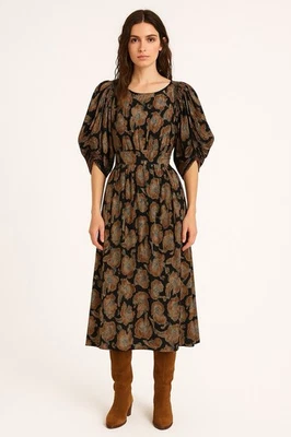 vintage 70s MAXI DRESS floral blouson ruched shoulder chiffon retro autumn S M - Image 1 of 4