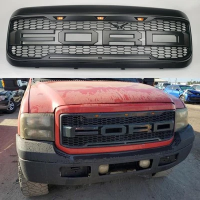 Front Grill For 1999-2004 Ford F250 F350 Raptor Style W/LED W/Letter Matte Black - Image 1 of 4
