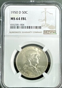 1950-D BENJAMIN FRANKLIN HALF DOLLAR 50C MS 64 FBL NGC - Picture 1 of 4
