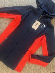 Women's Gymshark Sz M Blue Red Zip Up Jacket Sweater With Hood NWT - Picture 1 of 8