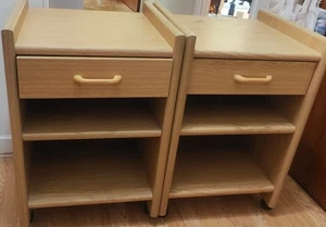 Wooden Bedside Cabinet with Drawer & Shelves on Wheels – Oak Finish - Picture 1 of 3