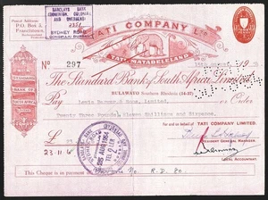 Bechuanaland Protectorate TATI COMPANY, MATABELELAND 1954 Check with Revenues - Picture 1 of 2