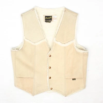复古牧马人夏尔巴内衬麂皮绒背心男式 L 米色皮革奶油色牧场主美国  — 第 1/4 张图片