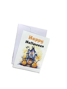 Halloween Fall Blank Greeting card invitation pumpkins haunted house bats - Picture 1 of 3