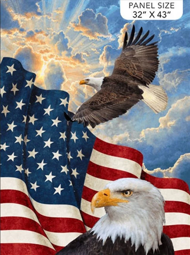 32" X 44" Panel Bald Eagles American Flag Freedom Stars & Stripes Cotton Fabric - Image 1 of 1