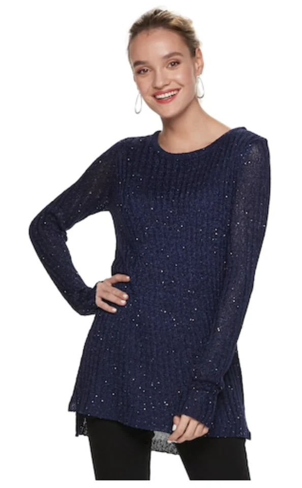 Apt. Suéter túnica para mujer 9 lentejuelas capa simulada talla pequeña azul marino nuevo con etiquetas Foto 1 de 1