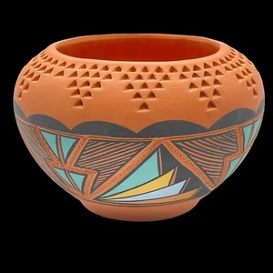 Vase bol polychrome poterie pueblo amérindienne Hopi signé E.E. Acoma, NM - Photo 1/11