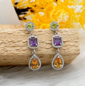 Round Lab Created peridot Drop dangle for women's earring 14K white gold plated - Picture 1 of 4