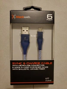 Blackweb 6Ft Sync & Charge Cable Micro-USB Connector Fiber Braided Blue NIB - Photo 1 sur 3