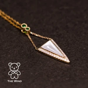 SALE! Elegant Triangle Mother of Pearl Diamond Tsavorite Necklace 18k Gold - Picture 1 of 10