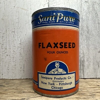 Vintage Sanipure Flaxseed Spice Box Tin New York Chicago Pittsburgh UNOPENED - Image 1 of 4