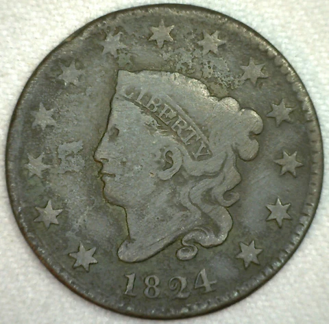 1824 Coronet Head One Cent Copper Large Cent Coin 1c US Coin Good Circulated Cover