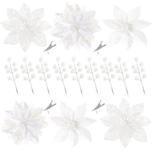 30 Pcs 3 Styles Christmas Glitter Poinsettia Flowers Artificial Berry Picks C... - Picture 1 of 7