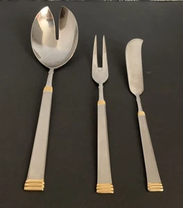 3 Stück Satin & Gold Servier Fleisch Gabel Butter Messer Salatlöffel Cromargan WMF - Bild 1 von 6