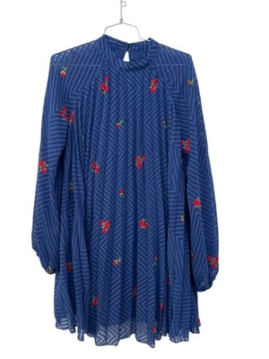 ASOS Design Maternity Pleated Trapeze Mini Dress Sz 6 Floral Embroidery Blue Red - Image 1 of 4